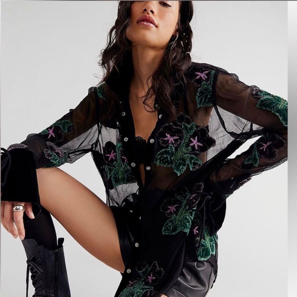Free People Black Sheer Floral Button Down Shirt